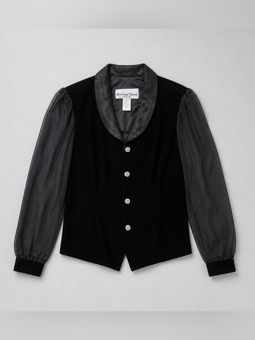 Another Thyme  Black Velvet Blazer with Sheer Long Sleeves